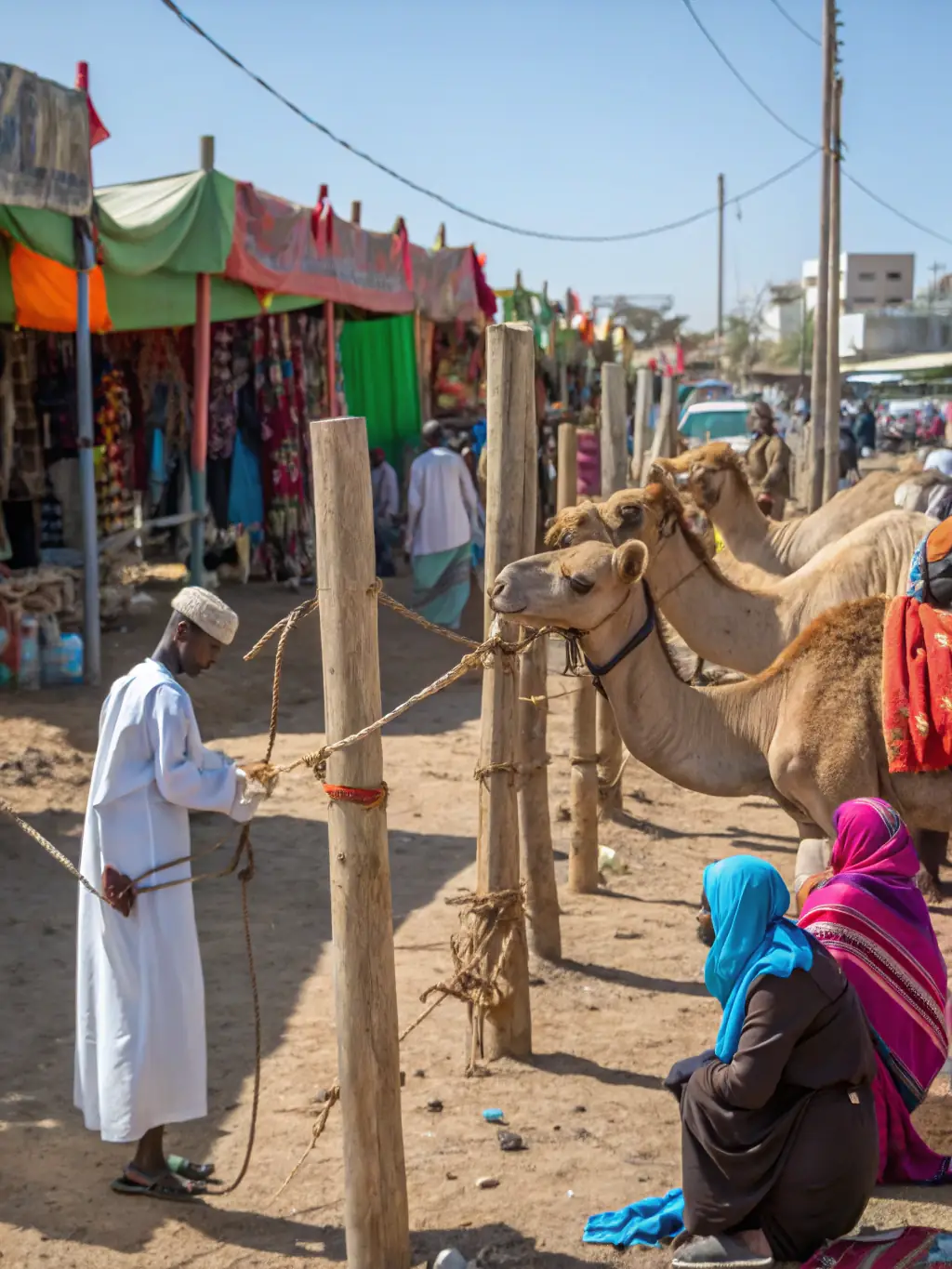A bustling scene from the Hargeisa camel market, showcasing the vibrant local culture and trade in Somaliland.
