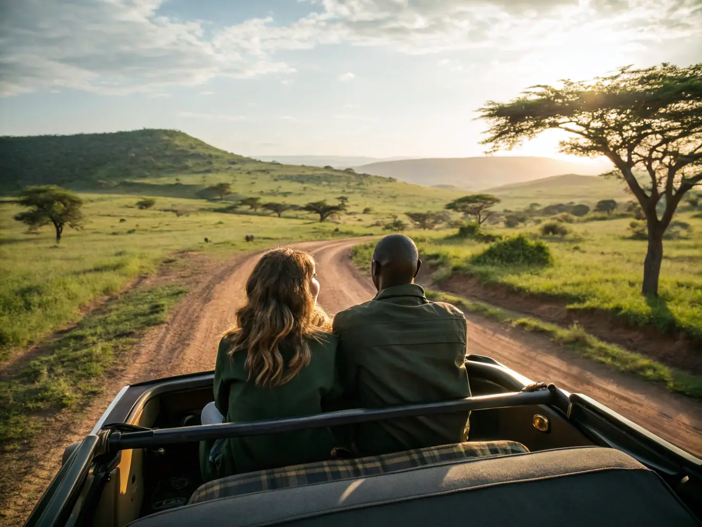 A private vehicle with a couple enjoying a scenic drive through Somaliland's countryside, highlighting the personalized experience of a private tour.
