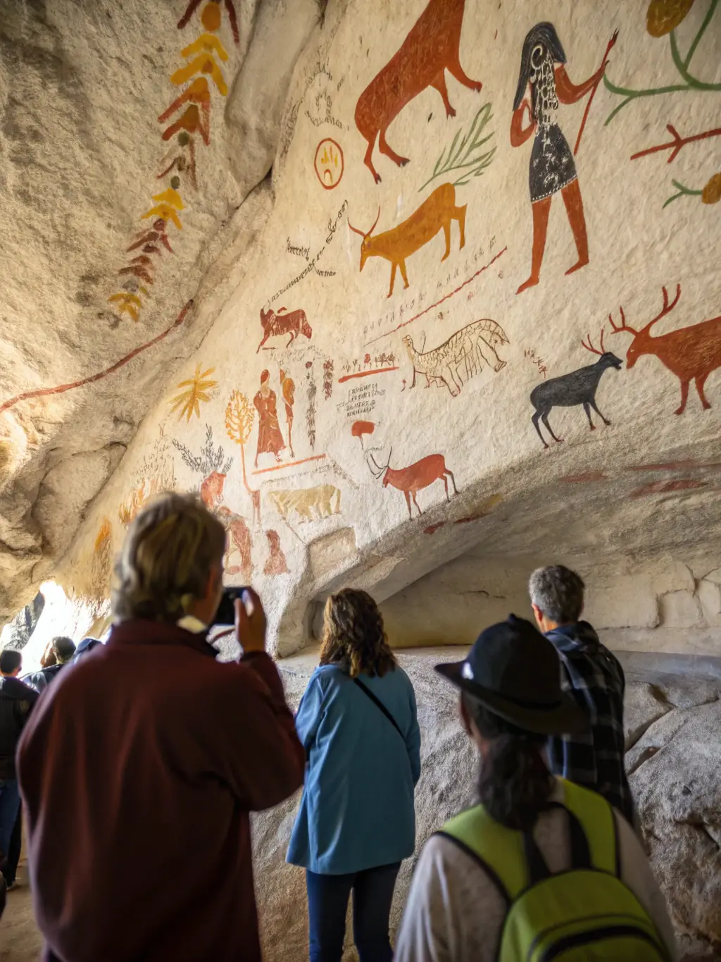 A vibrant image showcasing the ancient rock art paintings at Laas Geel, Somaliland, with tourists admiring the historical artwork.
