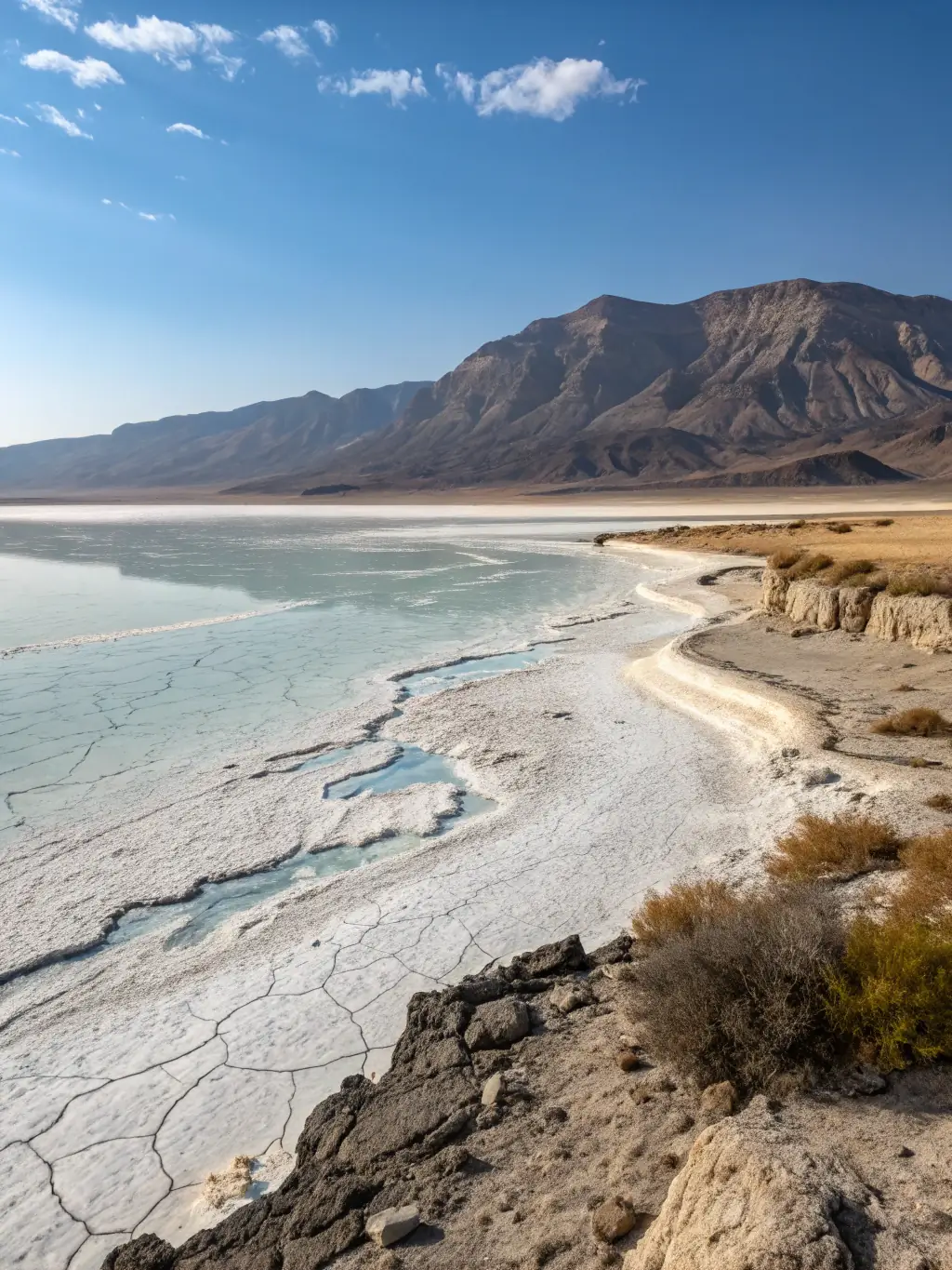 A serene image of Lake Assal in Somaliland, known for its high salinity and stunning desert surroundings.