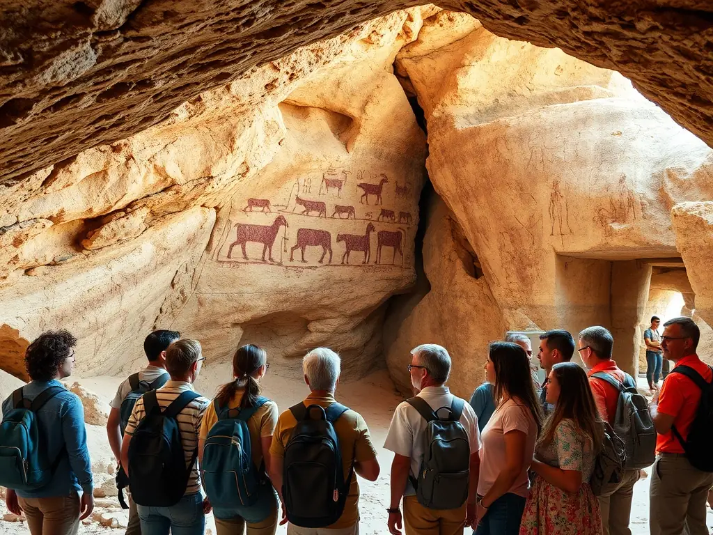 A vibrant image showcasing the Laas Geel rock art site in Somaliland, with clear depictions of ancient paintings and a tour guide explaining the history to a group of international tourists.