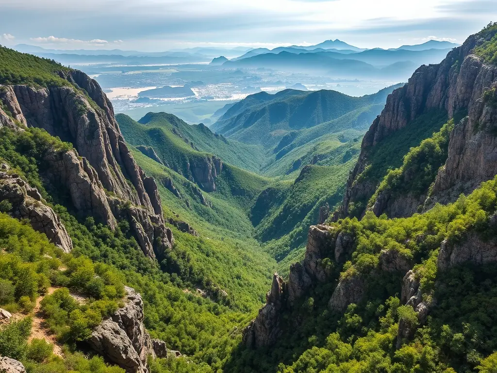 A stunning photograph of the Daallo Mountain range in Somaliland, featuring lush greenery, dramatic cliffs, and panoramic views of the surrounding landscape.