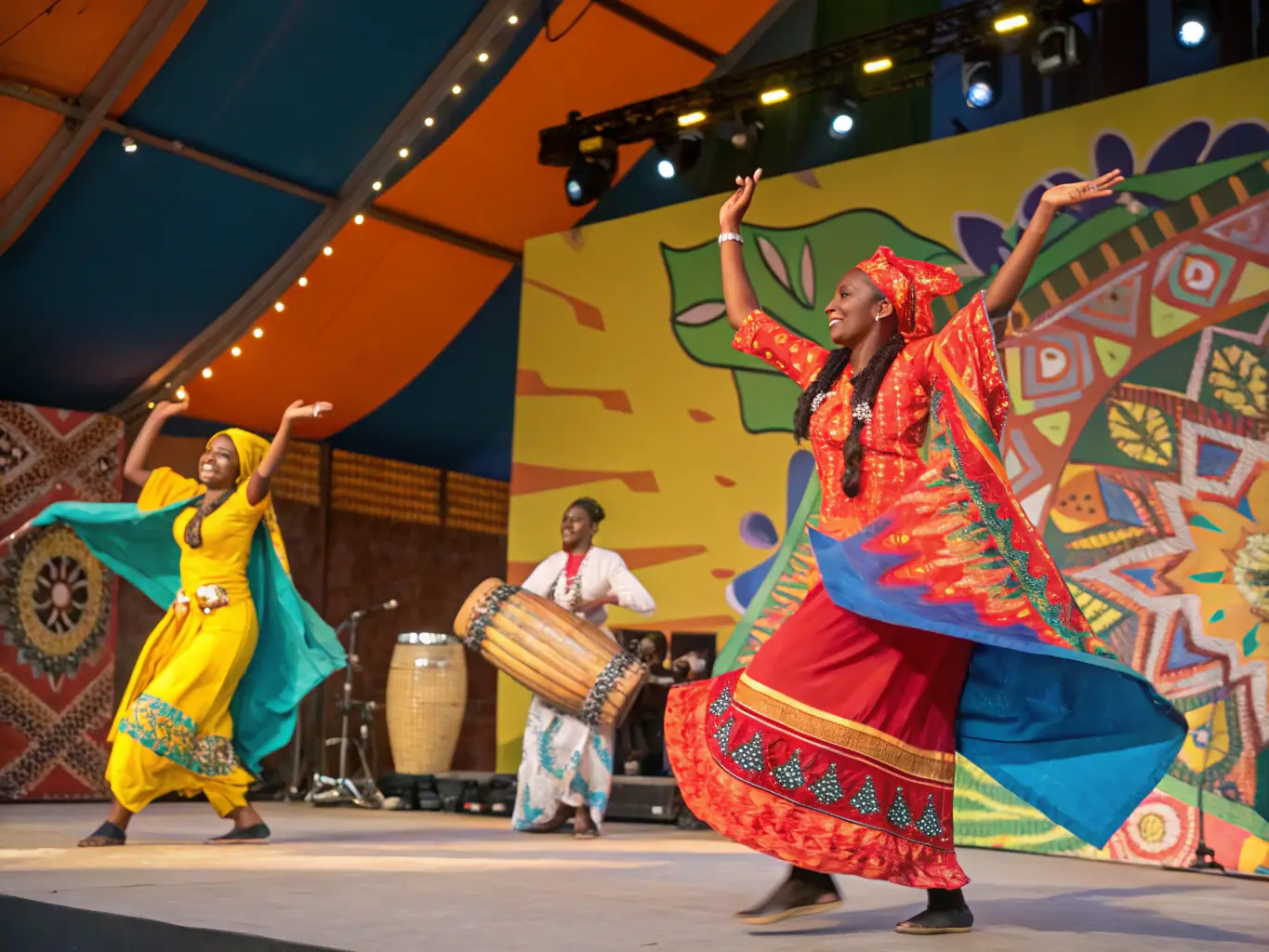A captivating image of a traditional Somali dance performance, with dancers adorned in colorful attire and engaging in rhythmic movements, set against the backdrop of a cultural festival.